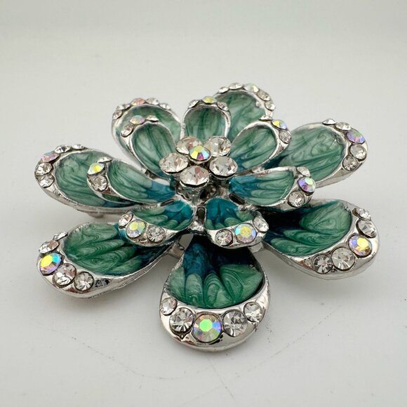 Shimmering Blue Green Peacock Crystal Flower Brooch - Picture 2 of 7
